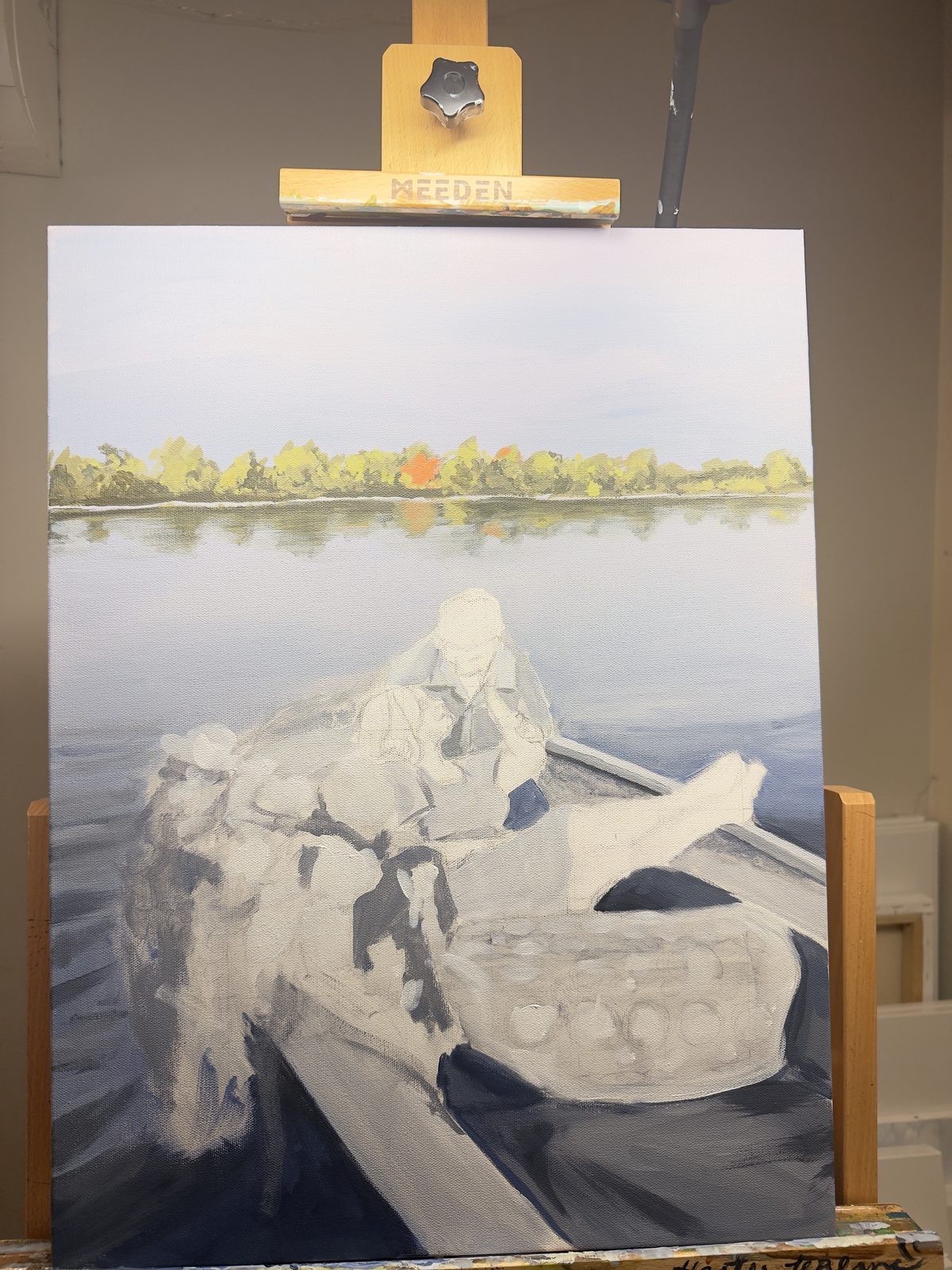 The commission in its early layers, blocked in on the easel in the studio