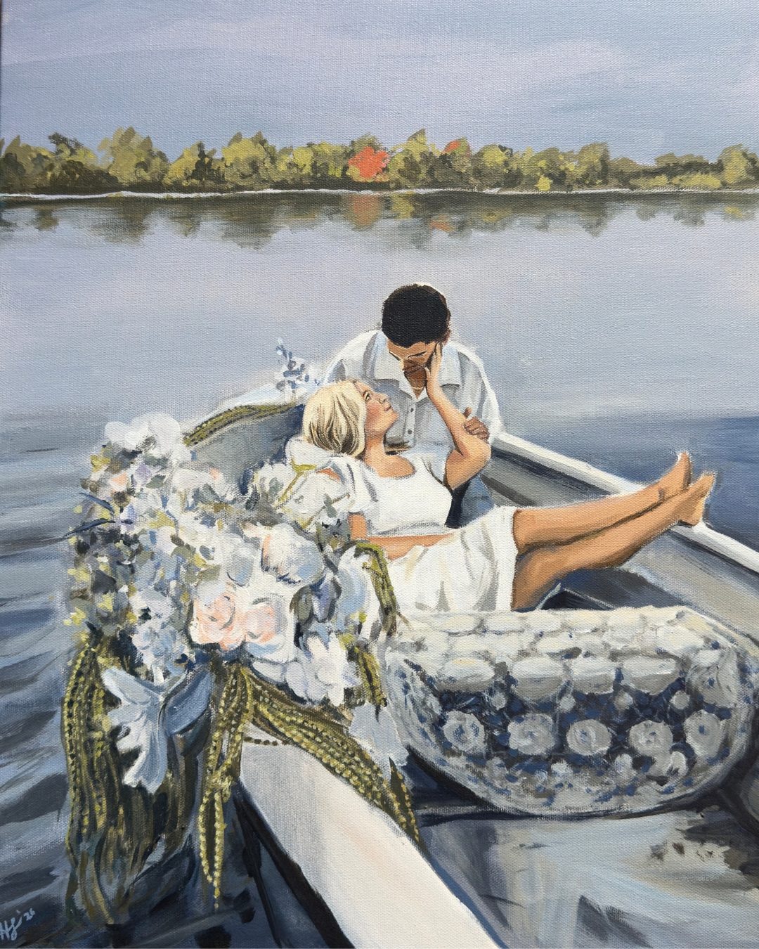 Away With You — a couple in a small flower-trimmed boat on still water, treeline along the far shore