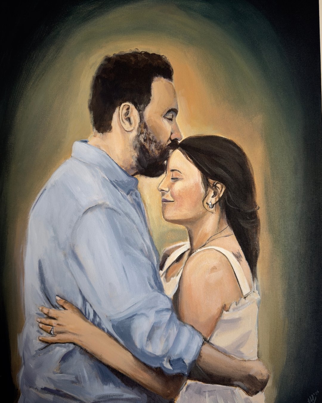 Where I Belong — a couple embracing forehead to forehead, painted in warm golden light against a dark ground