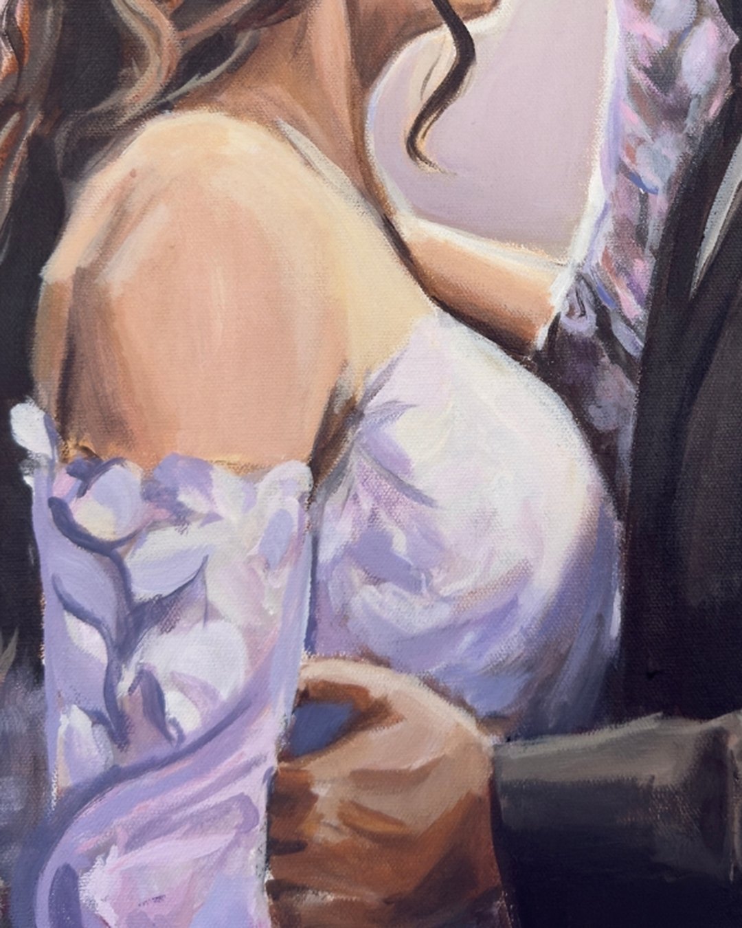 Detail from Finally, You — the lilac off-the-shoulder gown and his hand resting at her waist