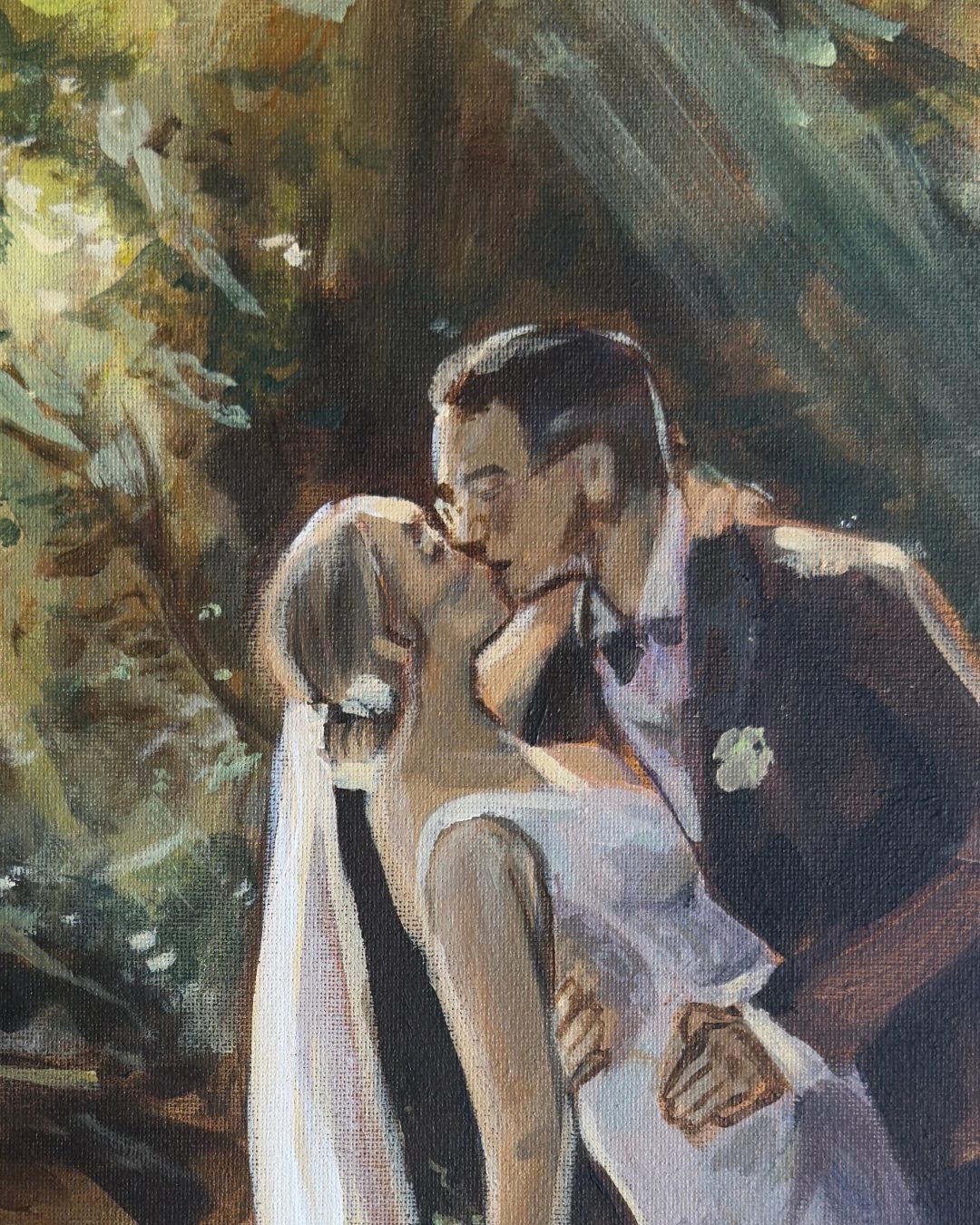 Detail from Where The Light Found Us — the couple's kiss, light breaking through the trees behind them