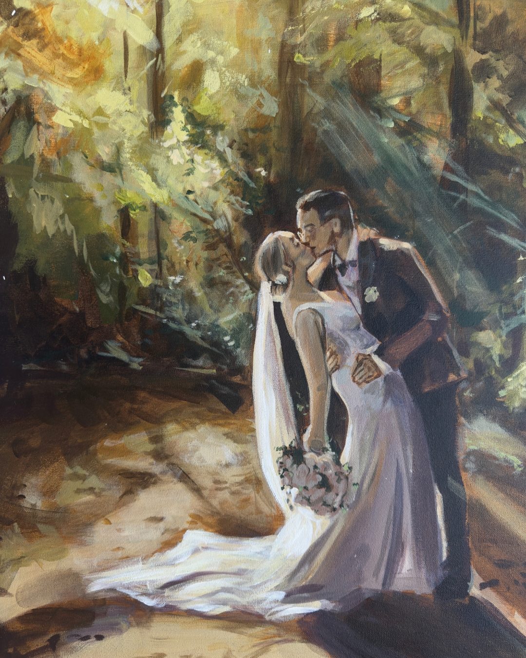 Where The Light Found Us — a couple kissing on a woodland path, her train spread across the ground
