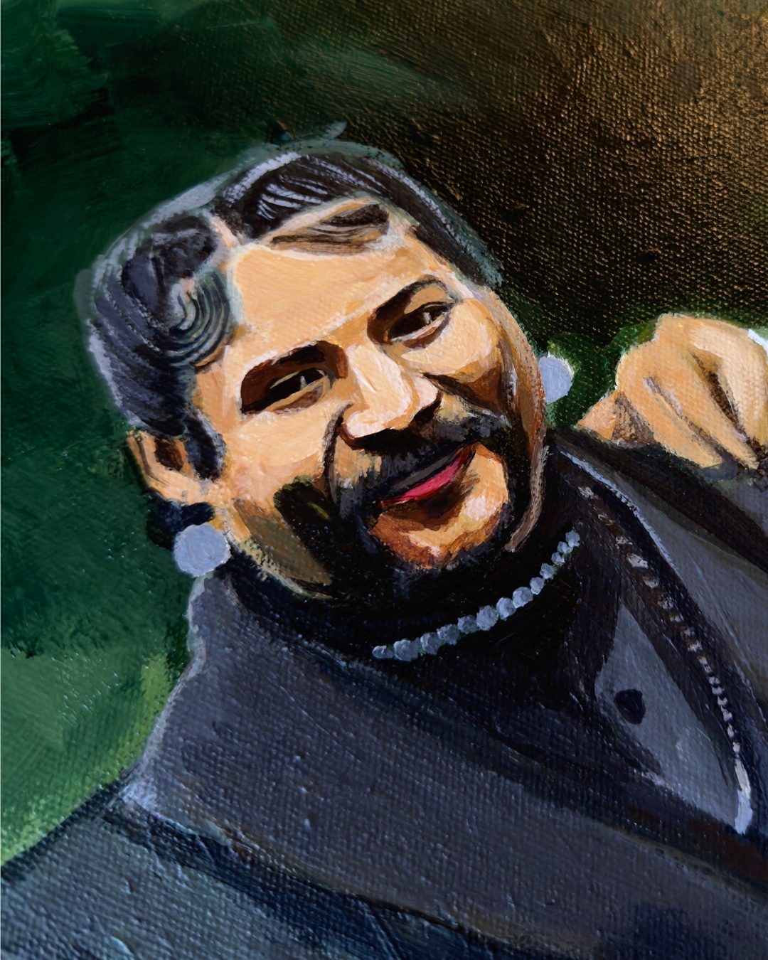Detail from Beside You — one of the grooms mid-laugh, pearls at his collar, painted against dark greenery