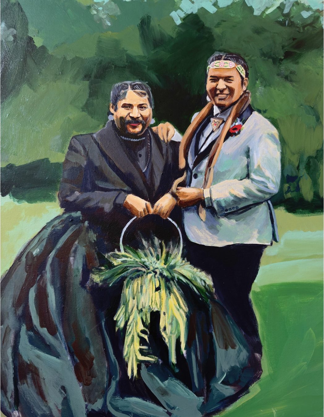 Beside You — two grooms standing together outdoors, one in a black gown holding a bundle of sweetgrass